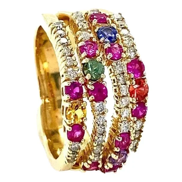 1.42 Carat Natural Multi Color Sapphire Diamond Yellow Gold Cocktail Ring