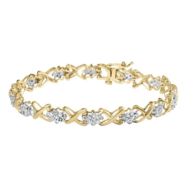 10k Yellow Gold 2.00 Cttw Diamond Cluster and Alternating “X” Link Bracelet (I-J Color, I3 Clarity) – 7″