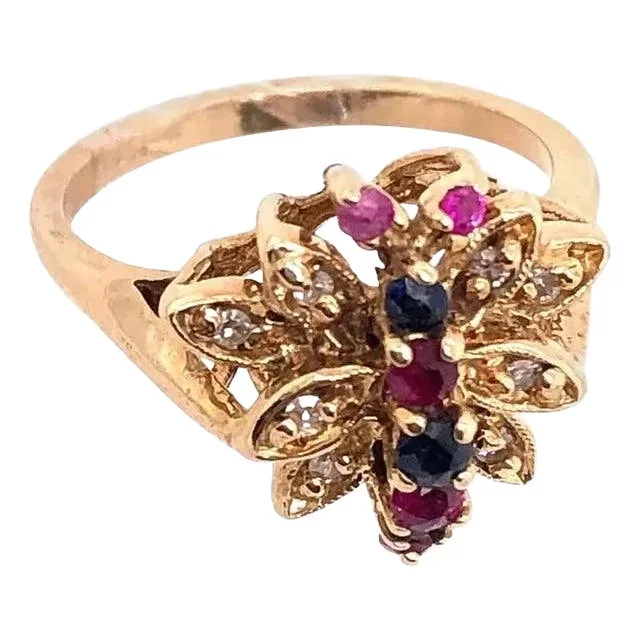 14 Karat Yellow Gold Fashion Ring With Sapphire Ruby and Diamond Cluster, Size 6.5
