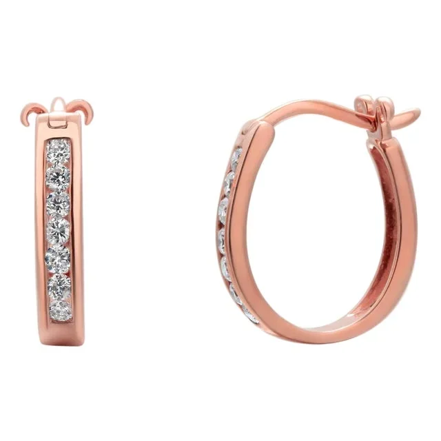 14k Rose Gold Diamond Oval Hoop Huggies’ Earrings 0.25 Carats Length 0.60 Inch-Set of 2