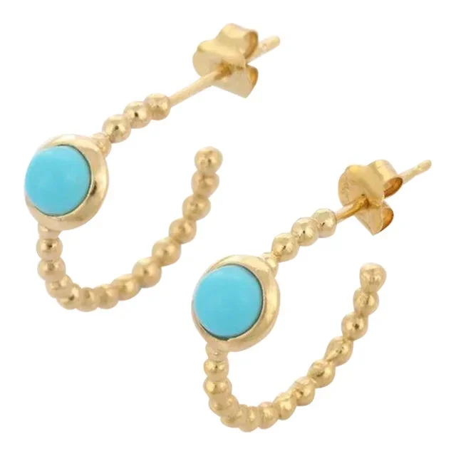 14k Solid Yellow Gold Minimal C-Hoop Earrings With Bezel Set Turquoise- 2 Pieces