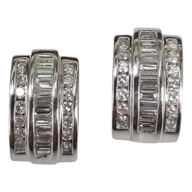 14K White Gold baguette and round diamond Channel set earrings 1.30cts., 2 pieces