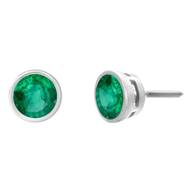 14k White Gold Bezel-Set Round Emerald Earrings 1.25 Carats Screw Back Closure – 2 Pieces