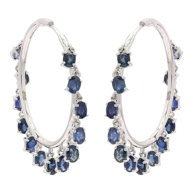 14k White Gold Blue Sapphire Designer Hoop Earrings – a Pair