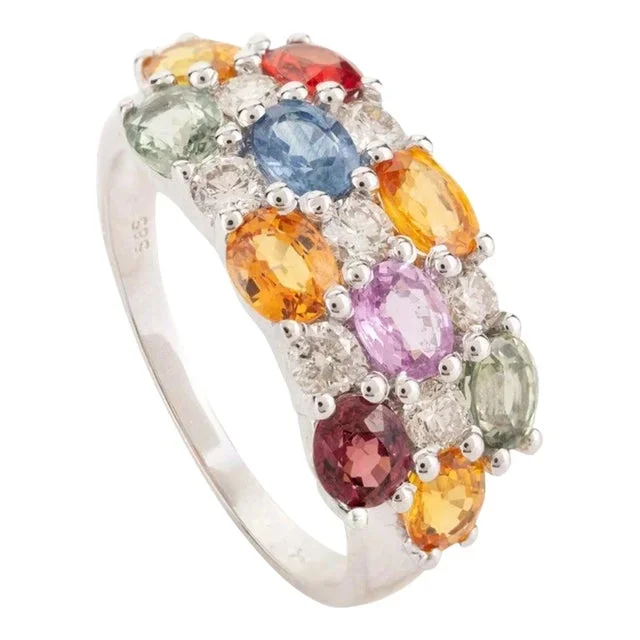 14k White Gold Multi Sapphire Diamond Wedding Ring Size 7