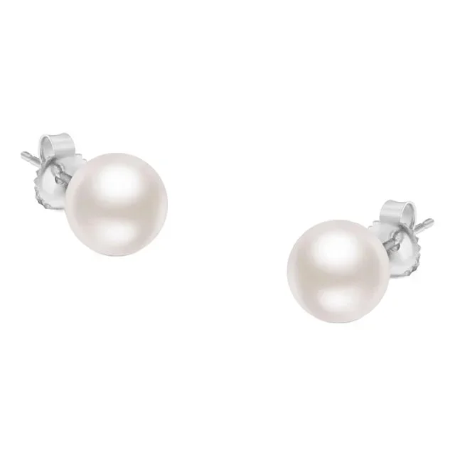 14K White Gold Round White 7.0-7.5MM Saltwater Akoya Cultured Pearl Stud Earrings AAA+ Quality – 2 Pieces