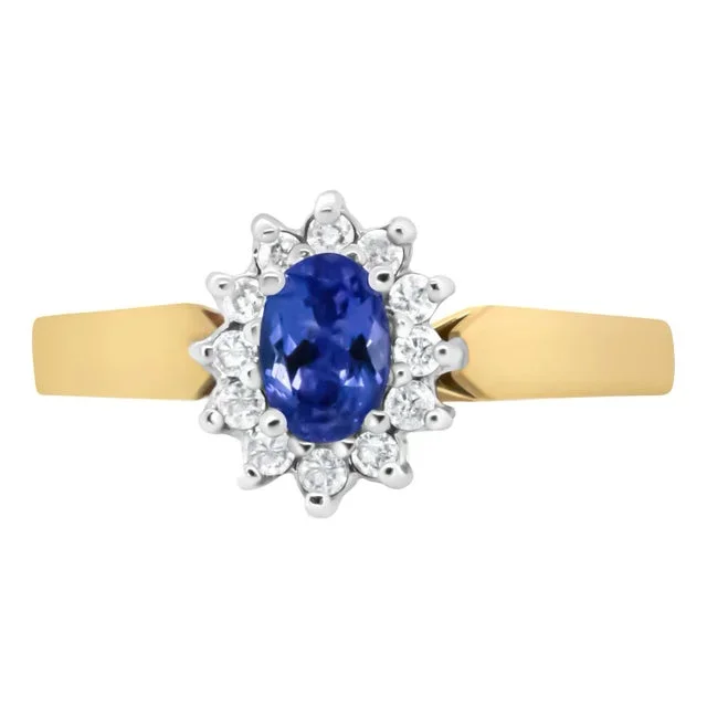 14K Yellow Gold 1/5 Cttw Round Diamond and 6x4mm Oval Blue Tanzanite Halo Ring (H-I Color, I1-I2 Clarity) – Size 7.75