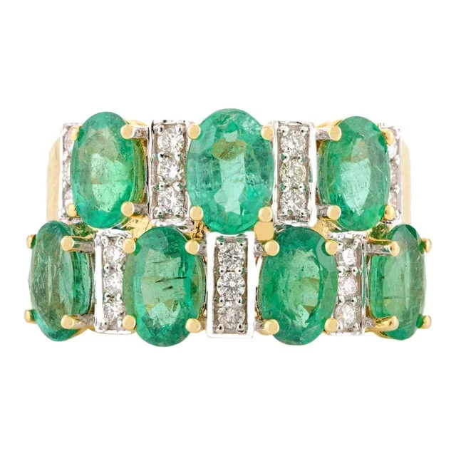14k Yellow Gold 3.35 Cts Emerald Diamond Cocktail Ring Size 7
