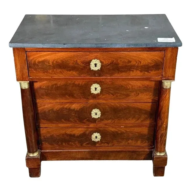 17th Century Petite French Empire Commode With Grey Marble Top Ormolu Mounts
