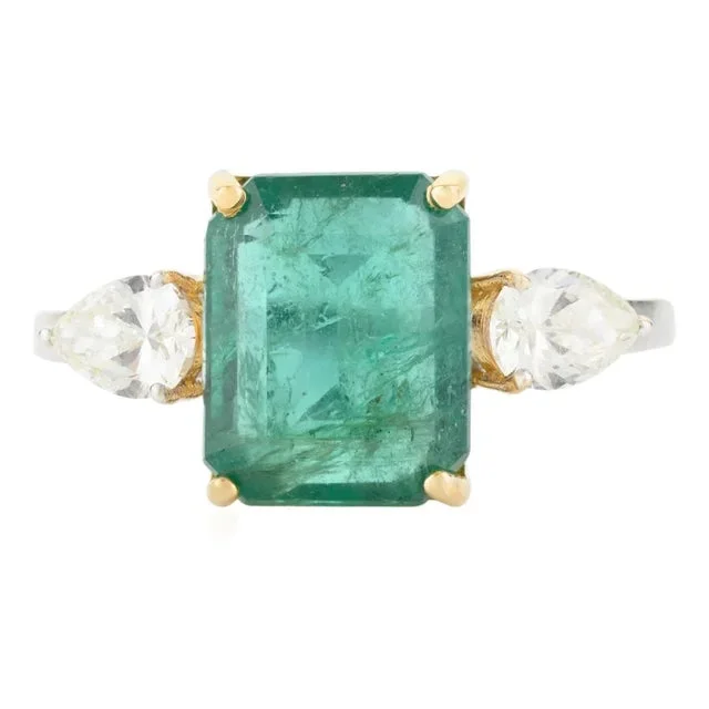18k Gold Natural Emerald Cocktail Diamond Ring Gifts for Mom Size 5