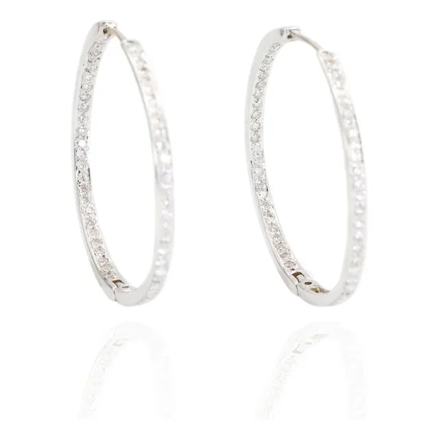 18k White Gold Natural Diamond Hoop Earrings in and Out Diamond- Set of 2
