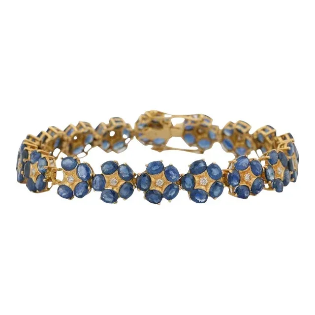 18k Yellow Gold Floral Blue Sapphire Diamond Tennis Bracelet