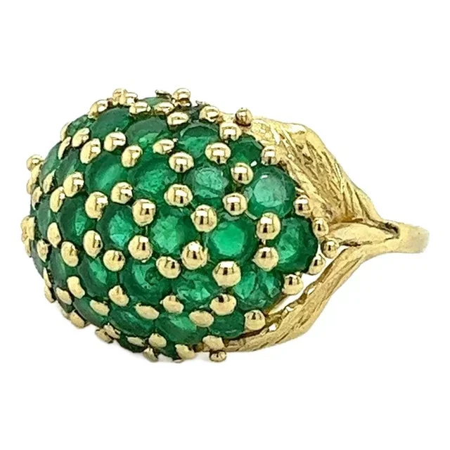 18K Yellow Gold Round Natural Emerald Gemstone Cluster Dome Ring, Size 6