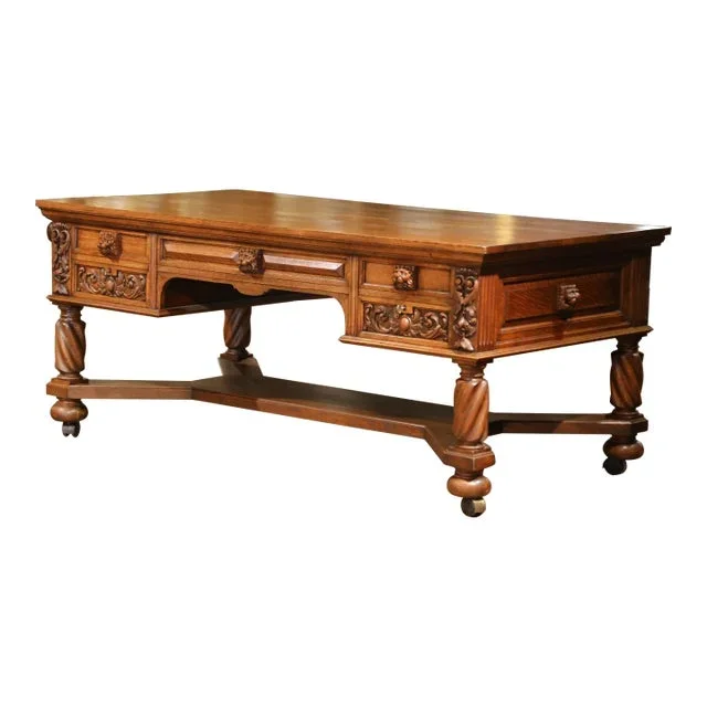 1930’s Carved Renaissance Oak Partner Desk by Berkey & Gay With Ten Drawers