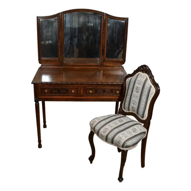 1930s French Walnut Vanity Ladies Desk / Original Trim-Fold Mirror and Chair Set