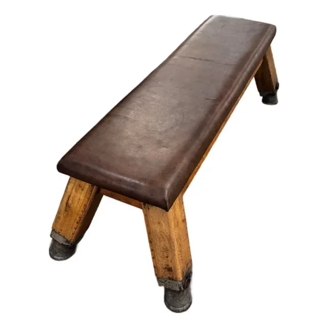1930s Vintage Leather Gym Bench With Wood Base