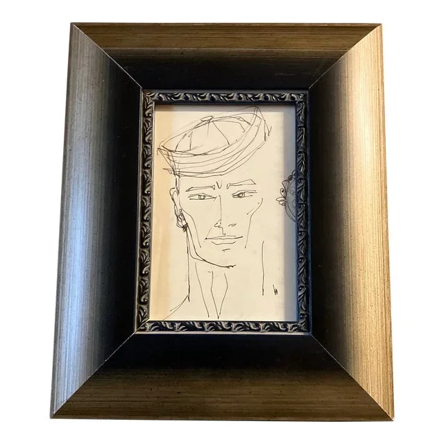 1950’s Original Abstract Ink Sketch Drawing of Sailor Framed