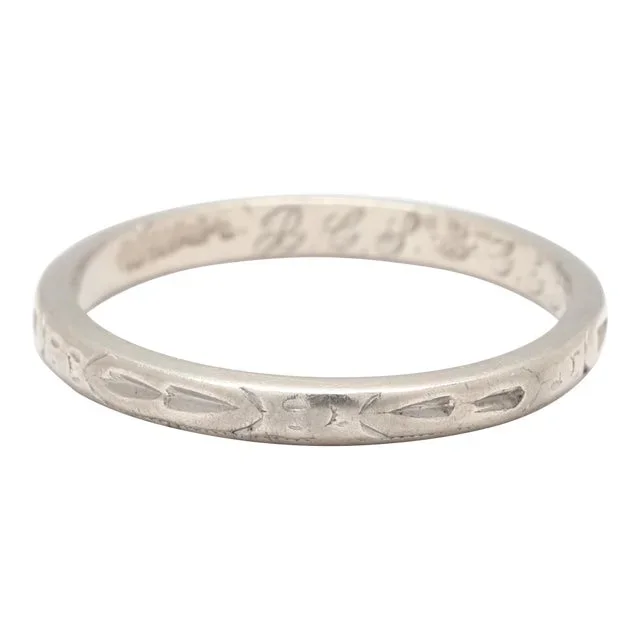 1950s Vintage Engraved Wedding Band, Platinum, Ring Size 5.75