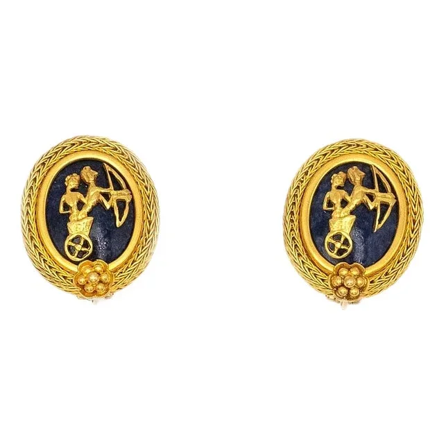 1960s Ilias Lalaounis 18k Oval Sodalite Greek Motifs Omega Back Earrings – 2 Pieces