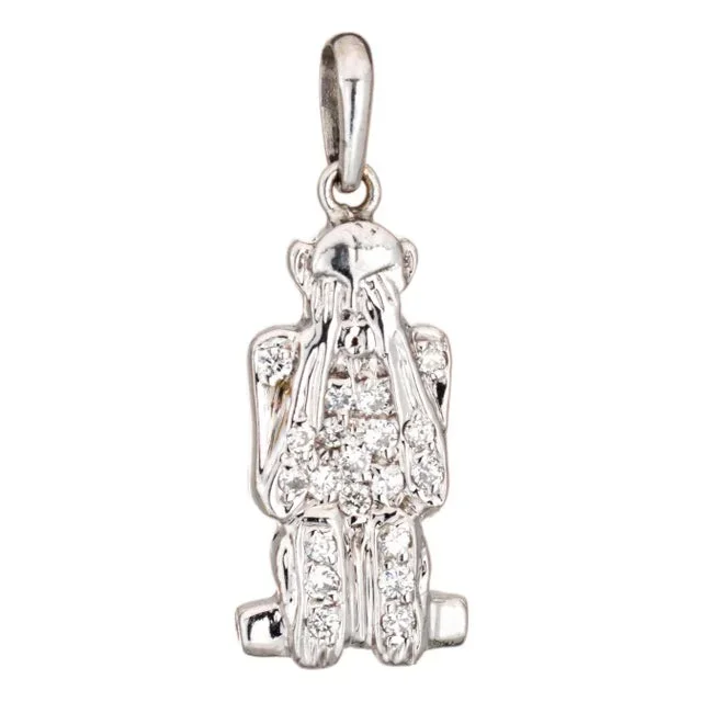 1960s See No Evil Monkey Charm Diamond Vintage 18k White Gold Pendant Fine Jewelry
