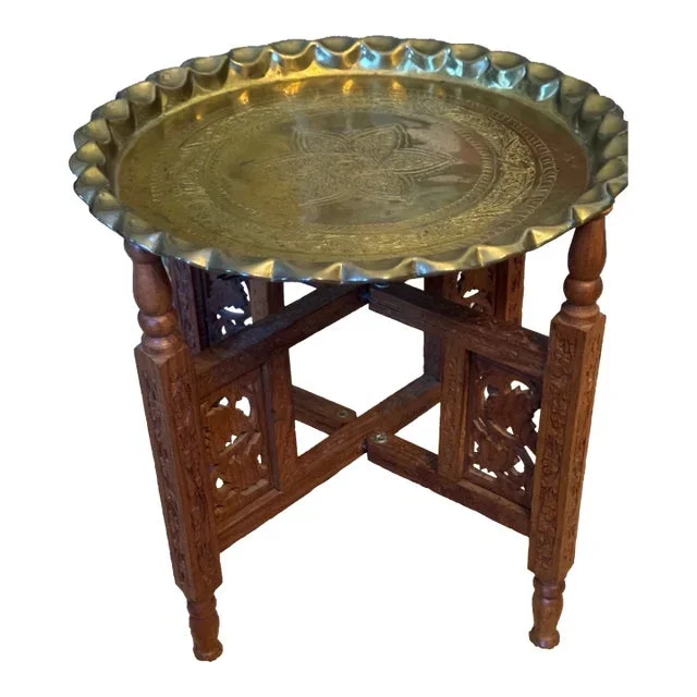 1960s Small Moroccan Engraved Brass Tray With Scalloped Top on Carved Stand