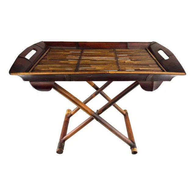 1960s Vintage Bamboo Campaign-Style Folding Tray Table With Woven Top