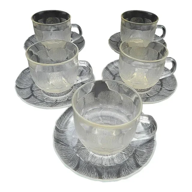 1970s Arcoroc France Fleur Pattern Glass Coffee Tea Punch Cups & Saucers Set- 10 Pieces