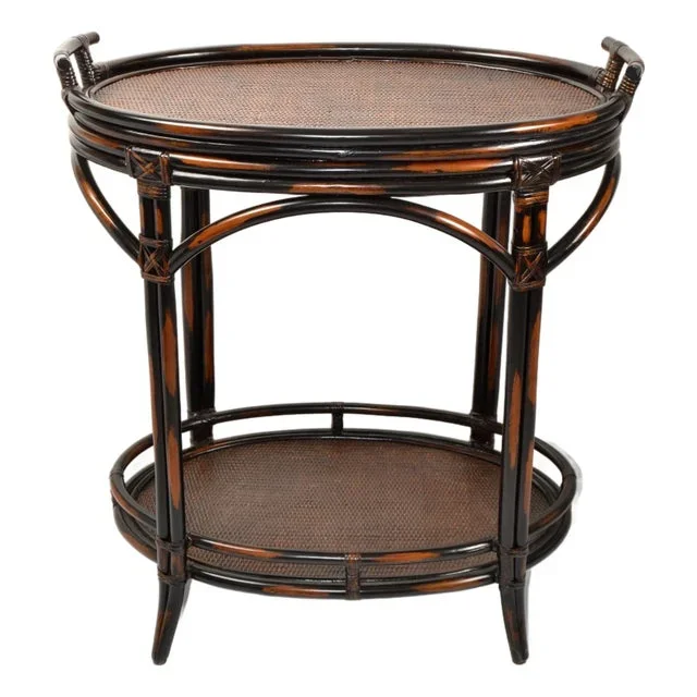 1970s Dark Brown McGuire Style Two-Tier Tray Table Kitchen Cart, Serving Stand