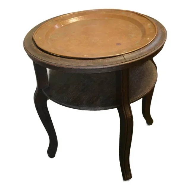 1970s Vintage Wooden 2 Tier Round Table With WMF Copper Tray Insert Top / Spades Edge