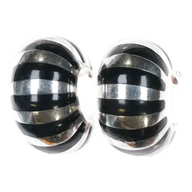 1980’s Tiffany Sterling Black Enamel Guilloche Clip On Earrings, 2 pieces