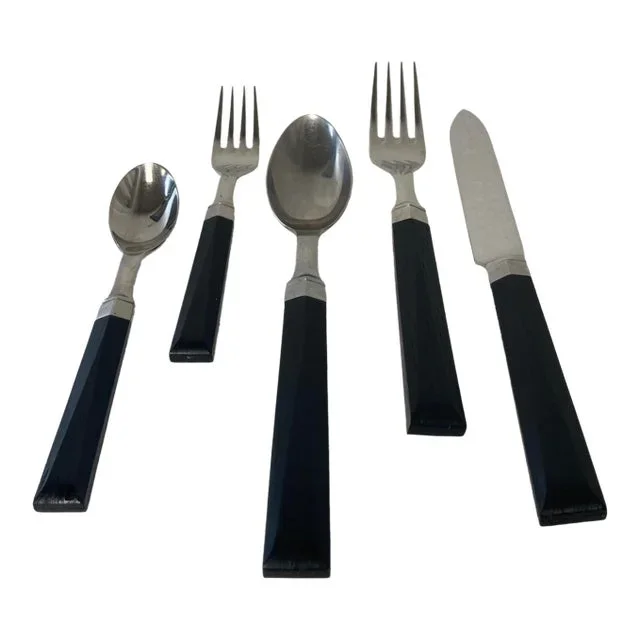 1980s Andrée Putman for Sasaki “Facette” Ebony & Stainless Steel Flatware Set- 20 Pieces