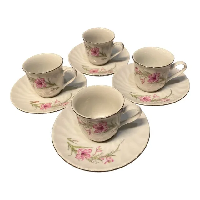 1980s Hu Nan China Vintage Pink Rose Porcelain Mini Tea Cup/Saucer Silver Trim- 8 Pieces