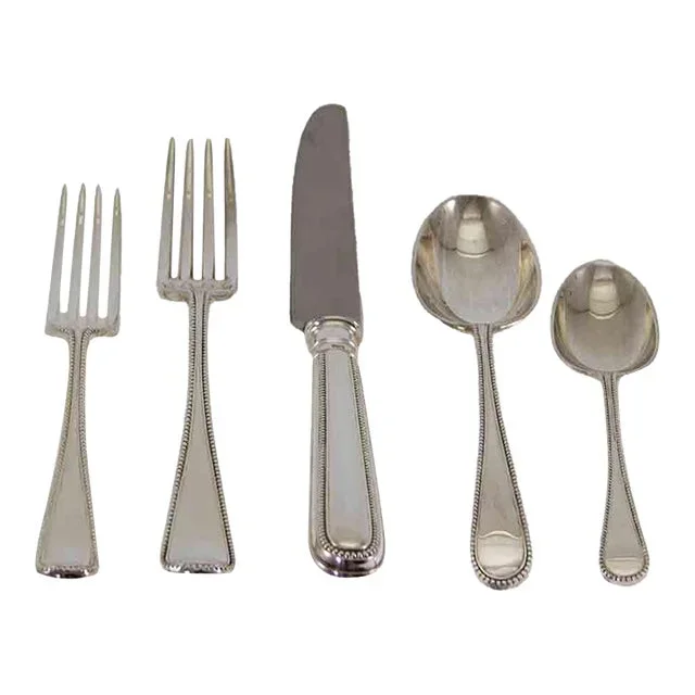 1990’s Sterling Silver 5-Piece Flatware Place-Setting Fine Bead Hand-Forged by C. J. Vander
