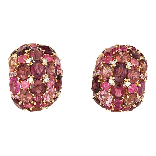 1990s Large Pink Tourmaline Diamond Earrings Wide Dome 18k Gold Vintage Fine Jewelry- 2 pieces