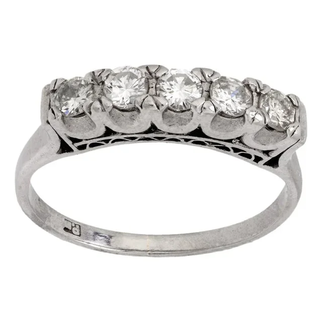 1990s Vintage Diamond Platinum 5 Stone Wedding Band, Size 5