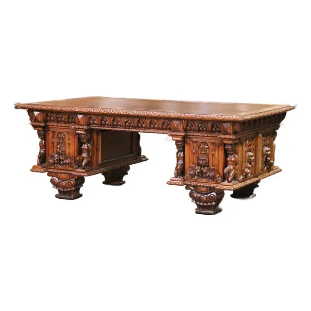 19th C. Italian Renaissance Three-Piece Carved Oak Partner Desk With Leather Top