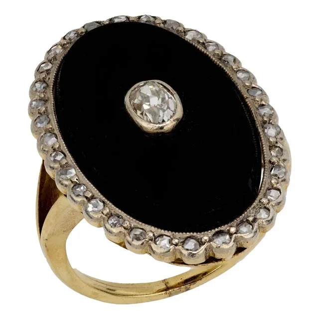 19th Century Victorian Diamond Onyx 18k Yellow Gold and Silver Cocktail Ring, Size 5