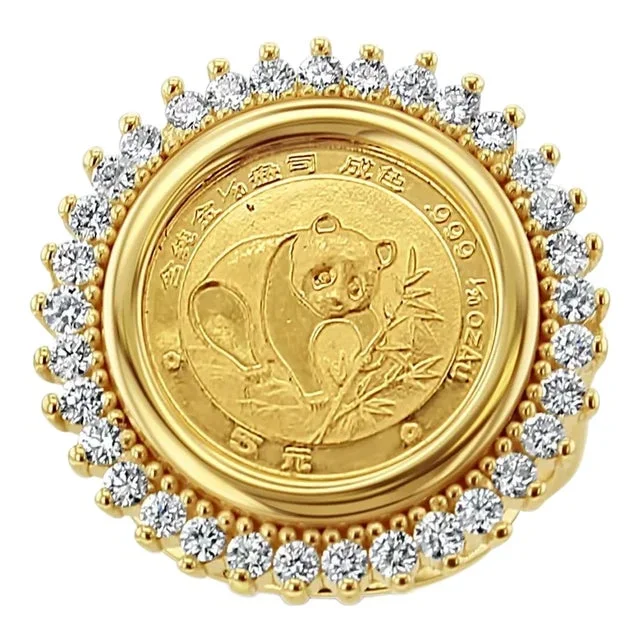 20th Ounce Panda Coin Ring with Diamond Halo, Size 4