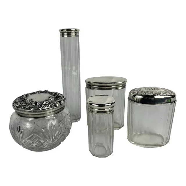 5 Pc, Sterling Silver & Crystal Vanity Jar Collection English & American