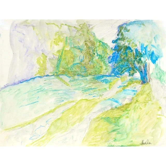 “A River in France” Contemporary Abstract Landscape Oil Pastel Drawing by Martha Holden