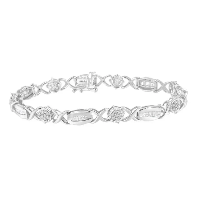 .925 Sterling Silver 1.0 Cttw Round-Cut and Baguette-Cut Diamond X-Link Bracelet (I-J Color, I1-I2 Clarity) – 7″