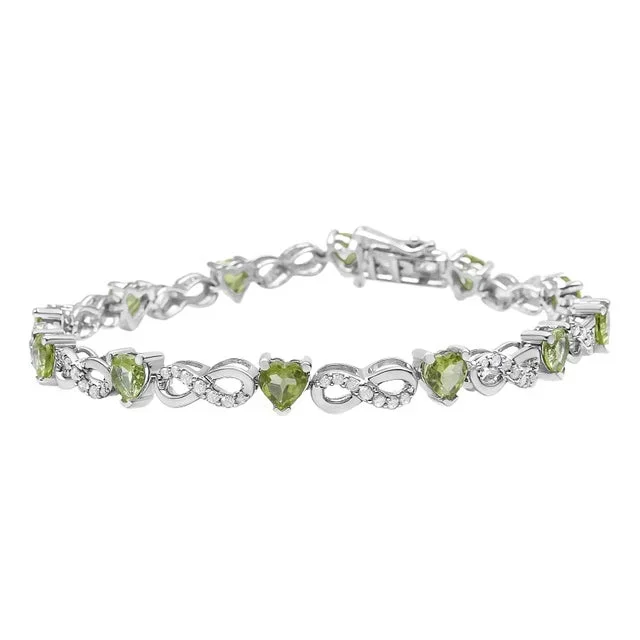 .925 Sterling Silver 1.00 Cttw Diamond and 4.00mm Lab Created Green Heart-Shaped Peridot Infinity Link Bracelet – 7.25″
