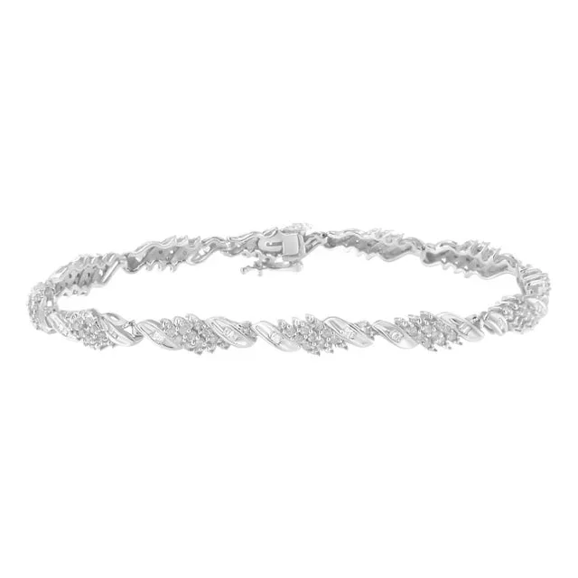 .925 Sterling Silver 1-1/2 Cttw Round and Baguette Cut Diamond Wave Link Bracelet (I-J Color, I2-I3 Clarity) – 7″