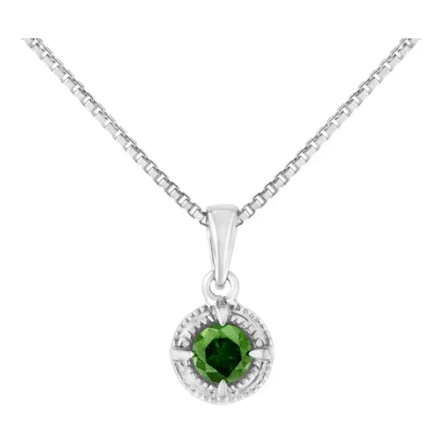 .925 Sterling Silver 1/10 Cttw Treated Green Diamond Solitaire 18″ Milgrain Pendant Necklace