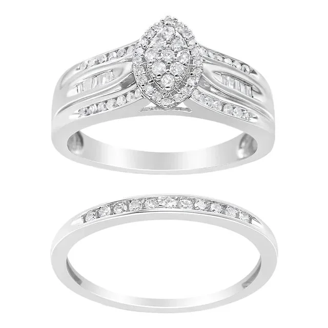 .925 Sterling Silver 1/2 Cttw Round and Baguette-Cut Diamond Engagement Bridal Set – Size 9