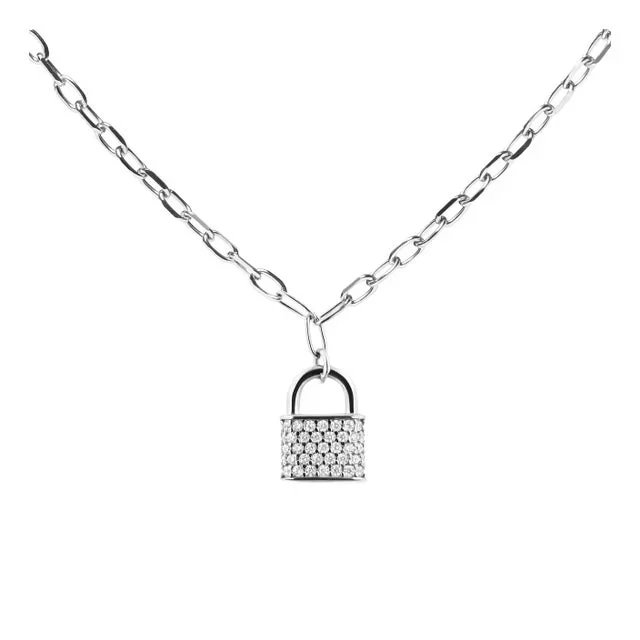.925 Sterling Silver 1/4 Cttw Diamond Lock 16″ Pendant Necklace with Paperclip Chain (H-I Color, SI2-I1 Clarity)