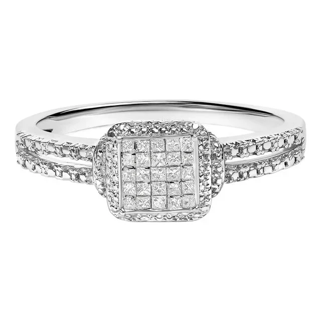 .925 Sterling Silver 1/4 Cttw Princess-cut Diamond Composite Ring with Beaded Halo (H-I Color, SI1-SI2 Clarity) – Size 5