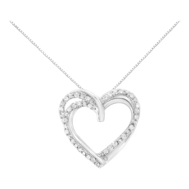 .925 Sterling Silver 1/4 cttw Prong Set Round-Cut Diamond Woven Double Heart 18″ Pendant Necklace (I-J Color, I2-I3 Clarity)