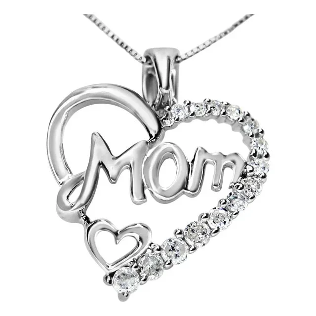 .925 Sterling Silver 1/4 Cttw Round Diamond “Mom” Heart Pendant 18″ Necklace (I-J Color, I3 Clarity)