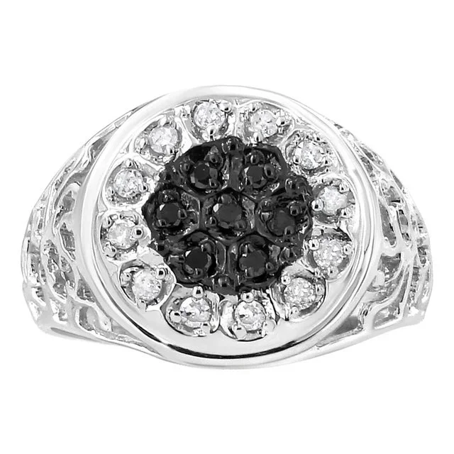 .925 Sterling Silver 1/4 Cttw White and Black Treated Diamond Halo Cluster Ring for Men (I-J Color, I3 Clarity) – Size 11